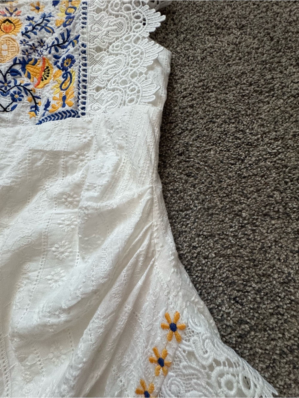 White Lace Mini Dress with Yellow & Blue Embroidery - Picture 5 of 9